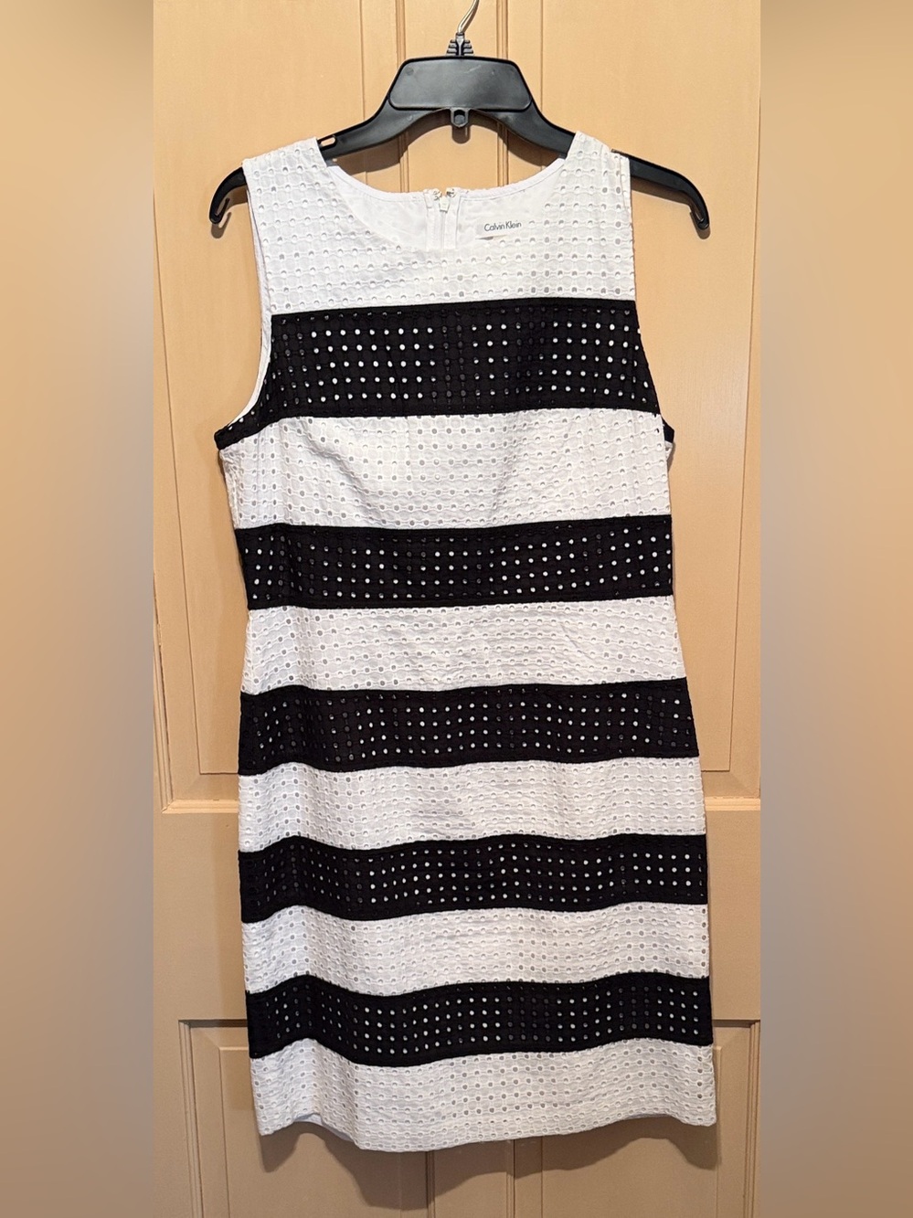 Calvin Klein Black & White Eyelet Striped Midi Dress